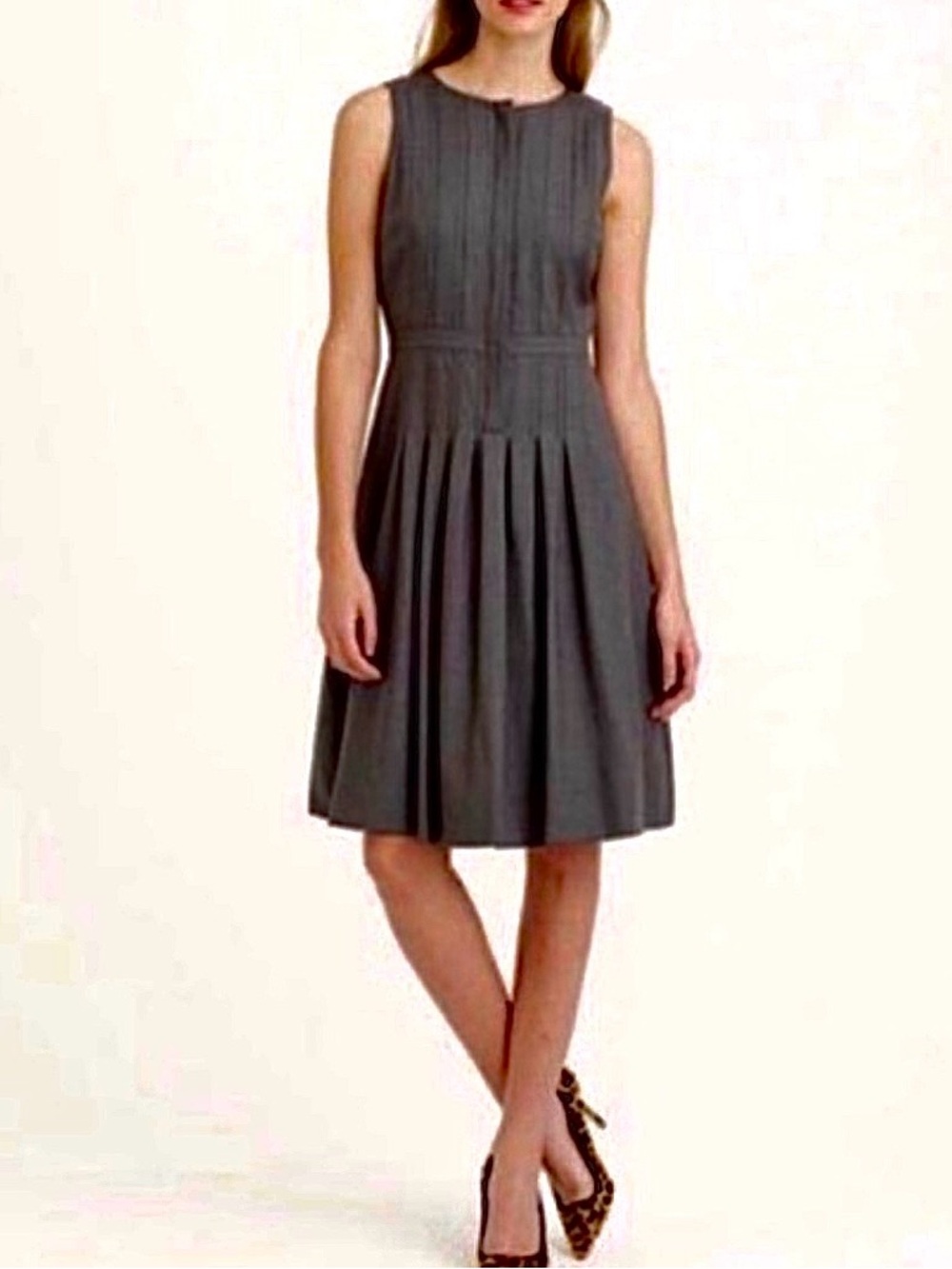 J. Crew Sleeveless Wool Pleated Gray Midi Dress